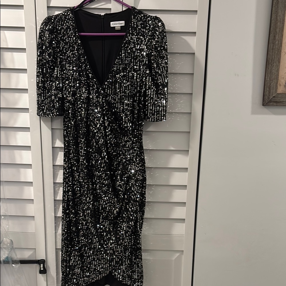 Calvin Klein Black and Silver Sequin Sheath Dress